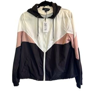 Love Tree windbreaker Medium full zip with drawstring hood & rib/color block NWT